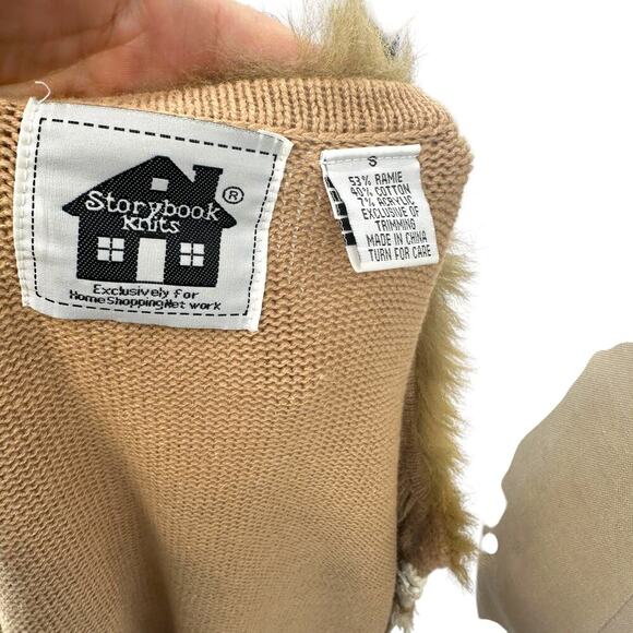Storybook Knits Pearl Beaded Fur Trimmed Cardigan Sweater Tan Camel Size Small - Picture 12 of 14
